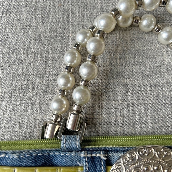 Fun Cute Denim purse with green belt and pearl handle - Picture 5 of 9